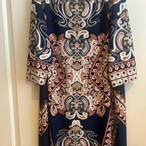 Avenue Navy and Cream Paisley Long Sleeve Dress